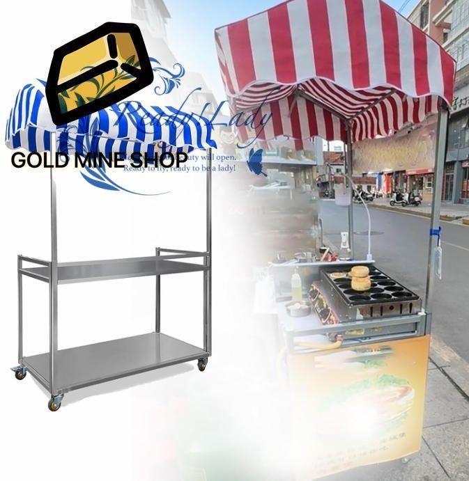 屋台 ホットドッグ アイスクリーム販売用キャスター付きフードカート 折りたたみ式屋台カート 2段収納ディスプレイスタンド付き 業務用ロック付きキャスター付きスナックカート Blue Length 120cm