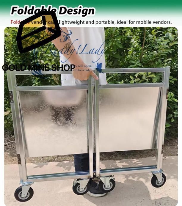 屋台 ホットドッグ アイスクリーム販売用キャスター付きフードカート 折りたたみ式屋台カート 2段収納ディスプレイスタンド付き 業務用ロック付きキャスター付きスナックカート Blue Length 120cm