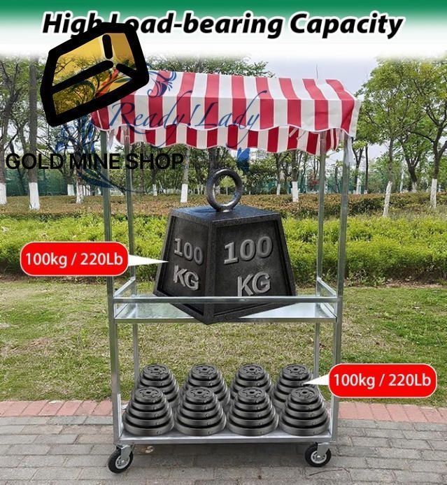 屋台 ホットドッグ アイスクリーム販売用キャスター付きフードカート 折りたたみ式屋台カート 2段収納ディスプレイスタンド付き 業務用ロック付きキャスター付きスナックカート Blue Length 120cm MARWIL-DEMENAGEMENTS_CH