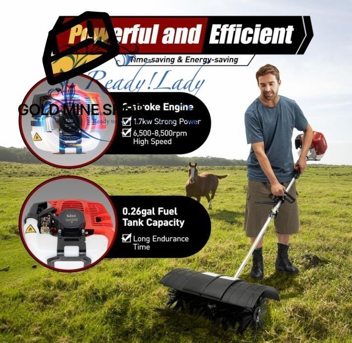 52cc 2.3HP ガスパワースイーパー 1700W ポータブル手持ちほうきスイーパー ガスパワー ガーデン ドライブウェイ スイーパー 空冷モーター 人工芝 現場 農場の掃除に パワースノースウィープほうき