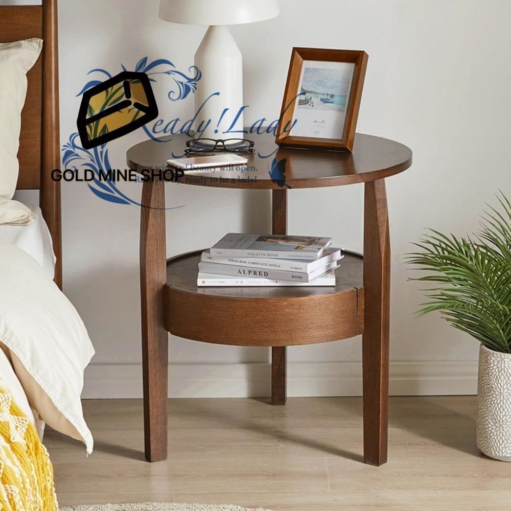 サイドテーブル 引き出し付き 木製 丸 円形 おしゃれ ベッドサイドテーブル エンドテーブル コーヒー テーブル リビングサイドテーブル 2段 棚付 収納 ナイトテーブル 円卓 L-58 58 60.5CM