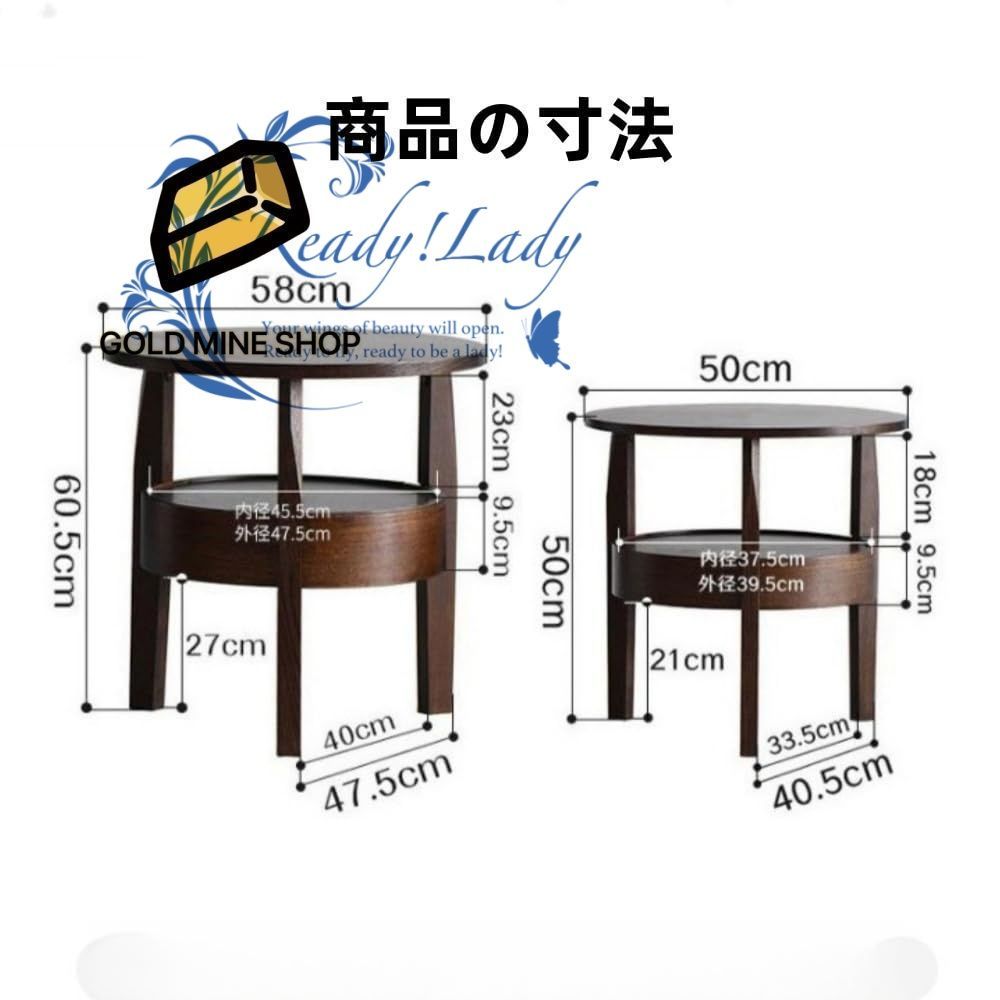 サイドテーブル 引き出し付き 木製 丸 円形 おしゃれ ベッドサイドテーブル エンドテーブル コーヒー テーブル リビングサイドテーブル 2段 棚付 収納 ナイトテーブル 円卓 L-58 58 60.5CM