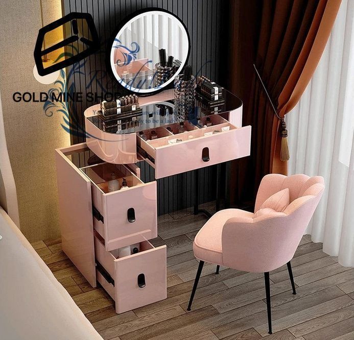 化粧台 ガラストップ 化粧台セット ラウンドスマートタッチミラー付き ドレッシングテーブル 引き出し5つ付き ホーム布張りスツール 化粧台デスク Pink-b 60 CM