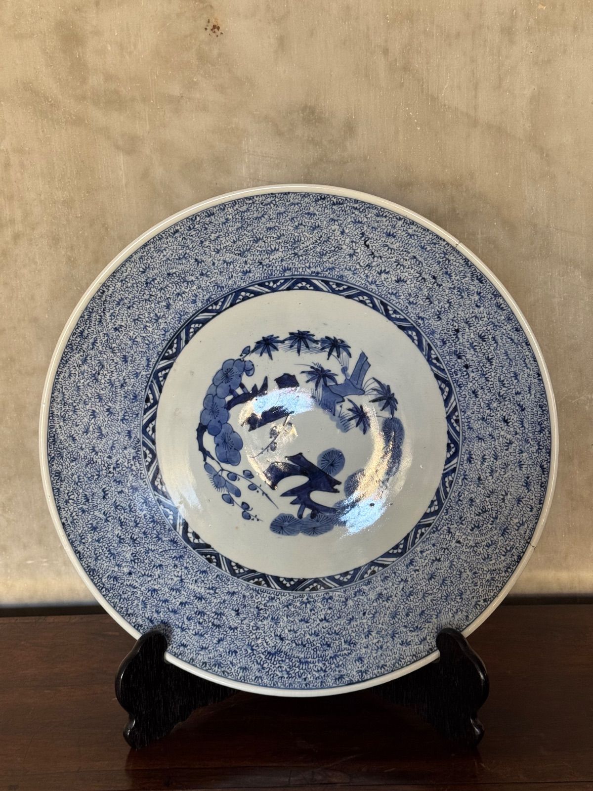 江戸後期 古伊万里 染付微塵唐草文 大皿 46㎝