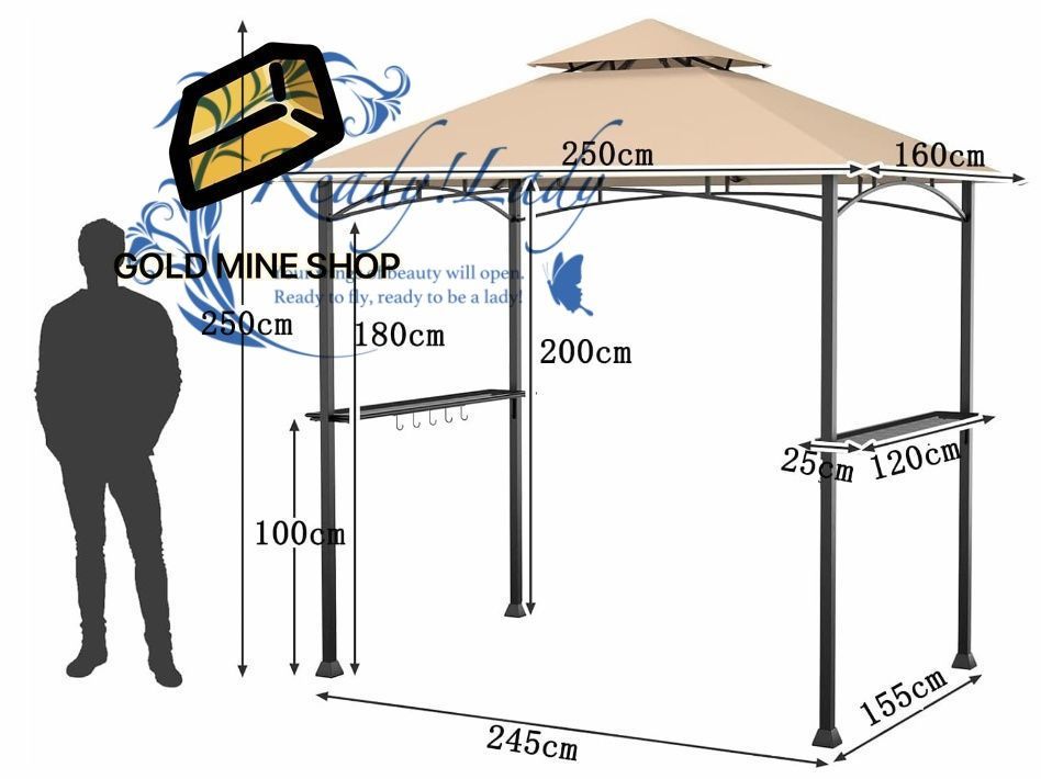 パーゴラシェード ガゼボ BBQ用 ガゼボ 日よけ パーゴラ 245x155x250cm スチール製ホーム キャノピー ガゼボ 簡単設置 グランピング テラス オーニング カーキ