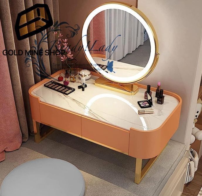 化粧台 モダンなドレッシングテーブル リバーシブル LED ラウンドミラー付き 引き出し付き 布張り化粧台 ゴージャス H 80 cm