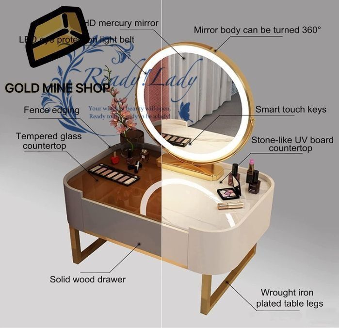 化粧台 モダンなドレッシングテーブル リバーシブル LED ラウンドミラー付き 引き出し付き 布張り化粧台 ゴージャス H 80 cm ディスプレイ棚セット 引き出し収納棚セット