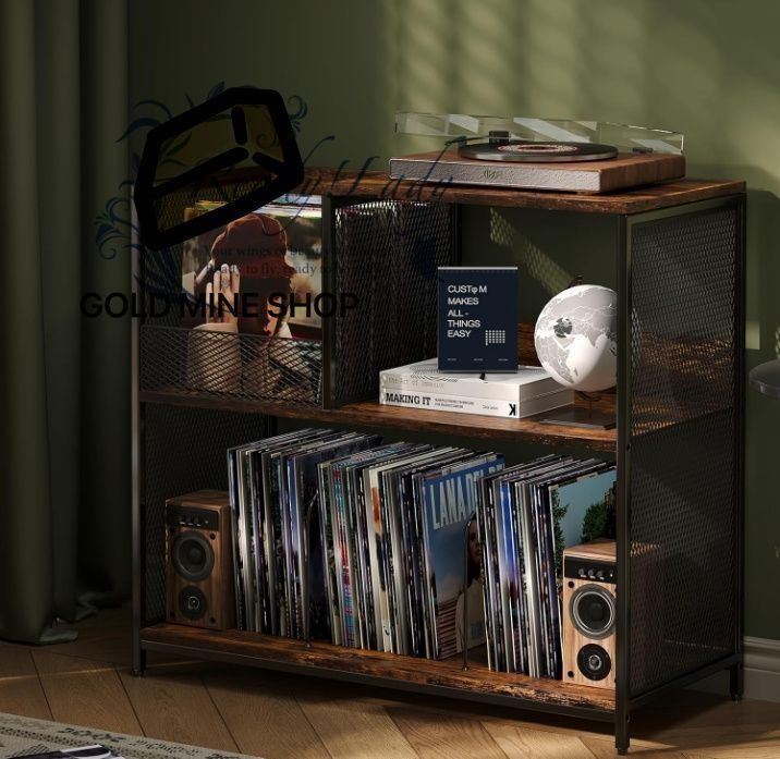 3段レコードプレーヤースタンド 最大300枚のアルバムを収納 ターンテーブルスタンド用4つの調節 な仕切り付き 大きなビンテージレコードプレーヤーテーブル ビニールレコードホルダーキャビネット付き