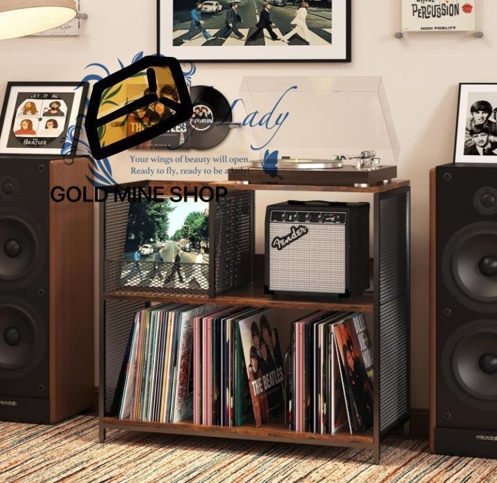 3段レコードプレーヤースタンド 最大300枚のアルバムを収納 ターンテーブルスタンド用4つの調節 な仕切り付き 大きなビンテージレコードプレーヤーテーブル ビニールレコードホルダーキャビネット付き