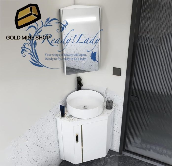 洗面化粧台 陶器コーナー洗面台 コーナーバスルームキャビネット セラミックシンク付き オーバーフロー付きトセラミックミニベッセルシンク 小スペース向けの家具セット 48 48cm