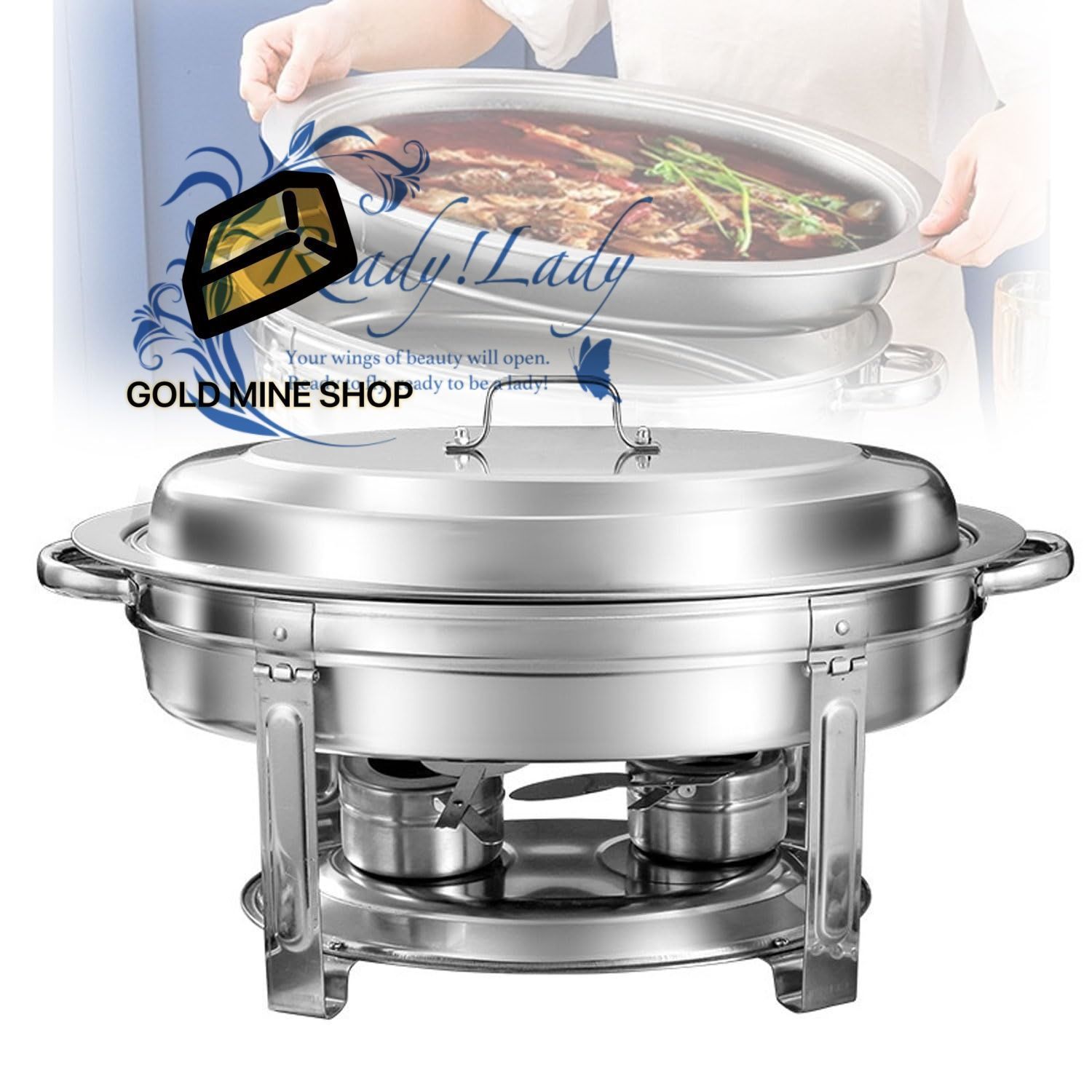 ビュッフェセット用チェーフィングディッシュ 5.5L ステンレススチール製取り外し な食品加熱ストーブ 2 つのアルコールストーブ付き