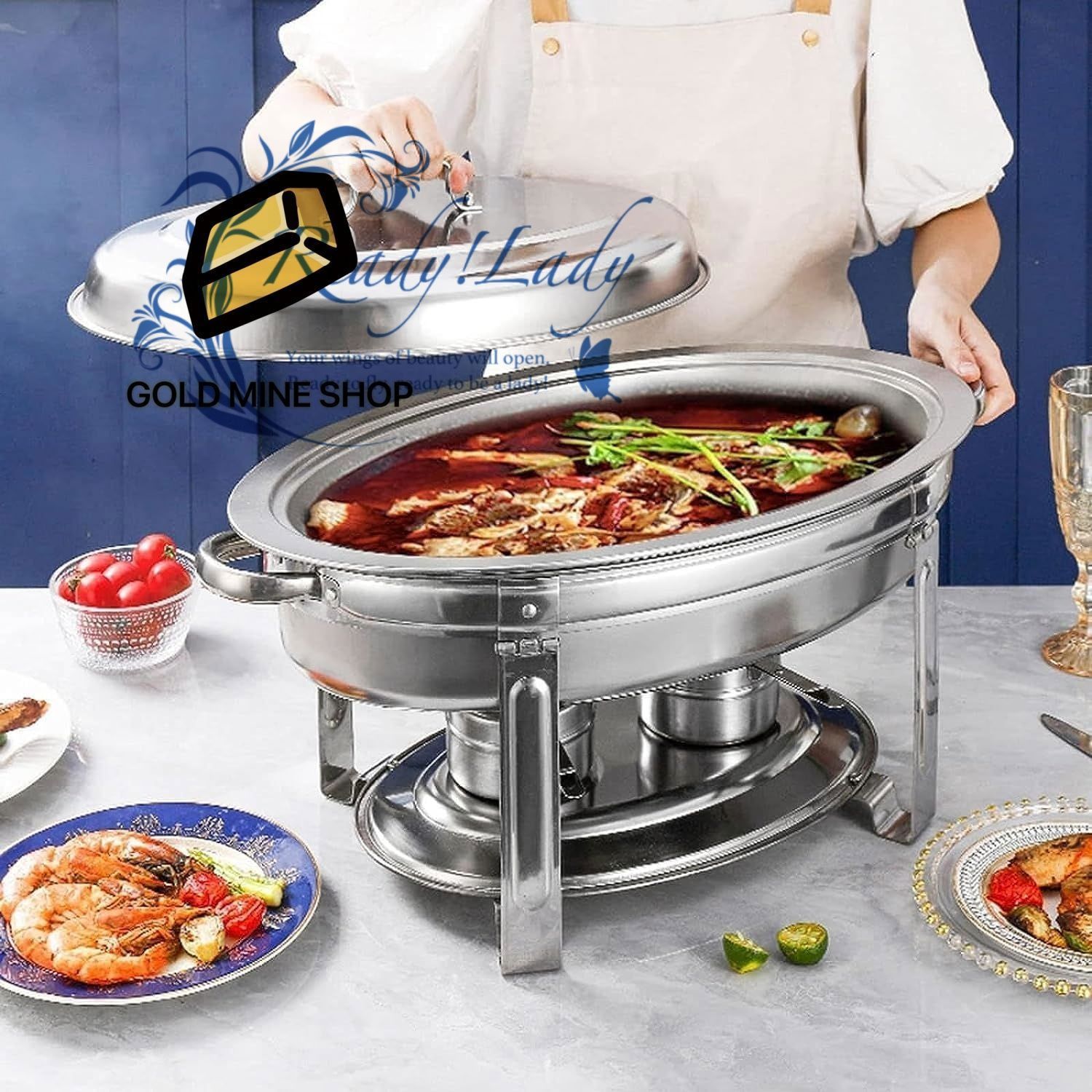 ビュッフェセット用チェーフィングディッシュ 5 L ステンレススチール製取り外し な食品加熱ストーブ 2 つのアルコールストーブ付き