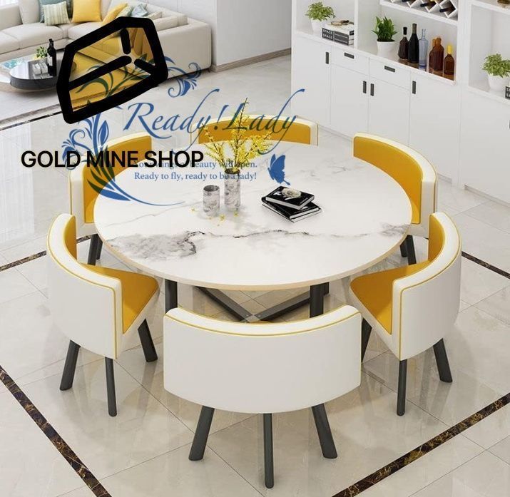 ダイニングテーブルと椅子の シンプルモダンな家庭用ダイニングテーブルインスタイル北欧の小さなアパート 製品にはガラスプレートと装飾は含まれていません マーブル模様 黄白革 テーブル 6脚 1 2 m