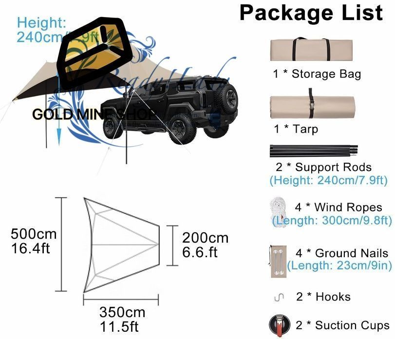 カーサイドテント カーサイドオーニング キャリーバッグ付き 防水車用テント 軽量キャンプシェルター