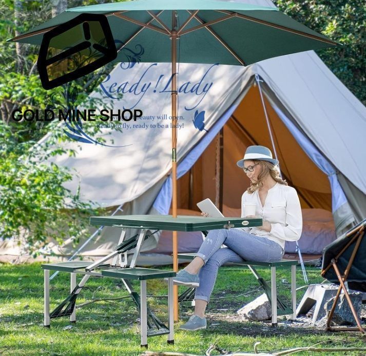 キャンプテーブルセット 折りたたみ 4人掛け アウトドア テーブル チェア一体型 屋外 テーブルと椅子セット ピクニックテーブル 傘穴付き 軽量 ポータブル 組立簡単 持ち運び便利 BBQ ガーデン 屋外 キャンプ用品 グリーン