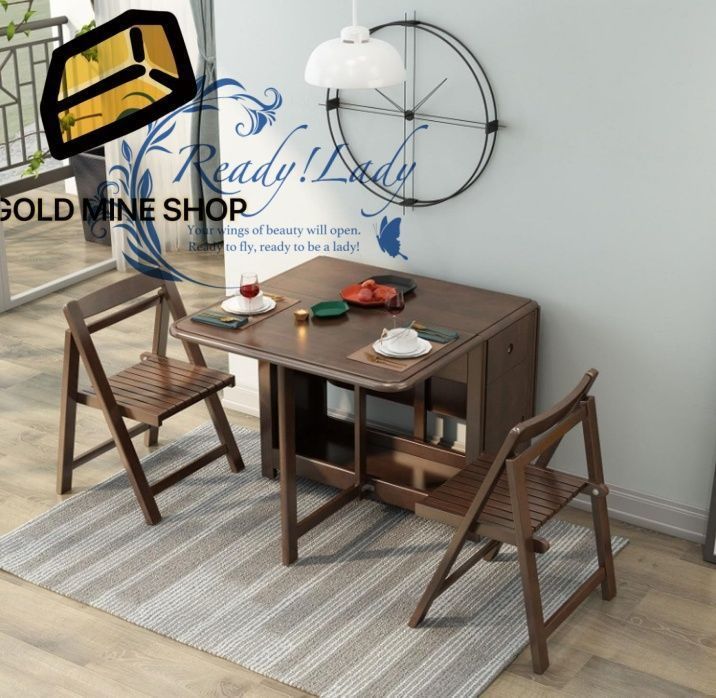 折りたたみ式ダイニングテーブルと折りたたみ式チェア4脚セット 130cm伸長式無垢材ドロップリーフテーブル ホイール付き 省スペース レストラン キッチン ホテル 中庭 キャンプ用 MARWIL-DEMENAGEMENTS_CH