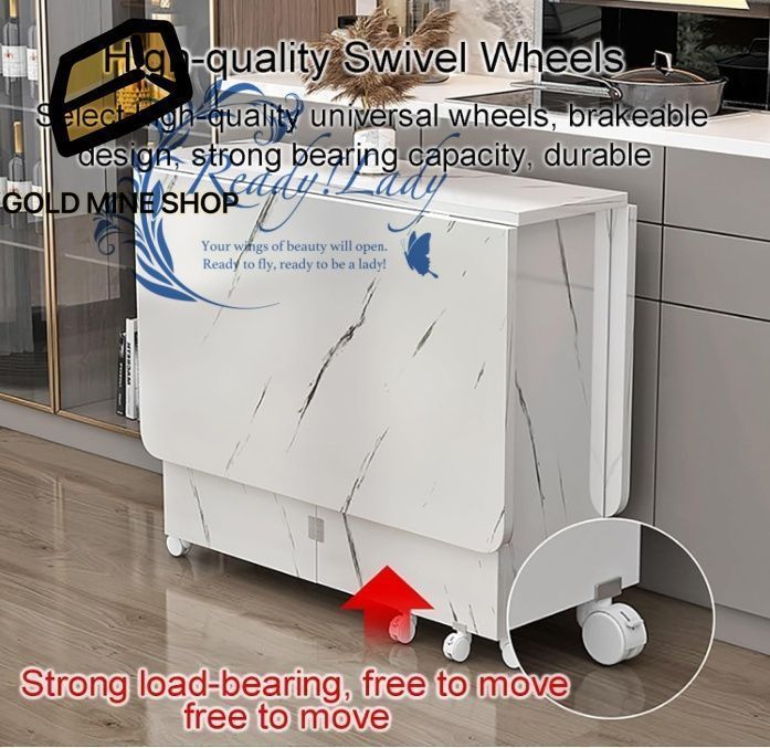 6つの車輪と収納棚を備えた折りたたみ式ダイニングテーブル