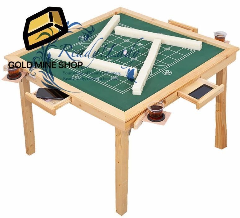 麻雀テーブル ナイロントップ付き折りたたみカードテーブル 4つのカップホルダーと4つの引き出し付きパーティーギャザリングゲームテーブル 麻雀ポーカードミノゲーム 35インチ木製色