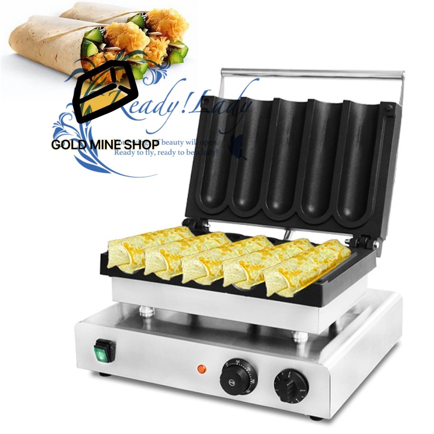 3000W 業務用チキンロールメーカー 5穴電気ステンレススチールタコスメーカー 防水ノンスティック機能 50-300℃の温度制御と5分