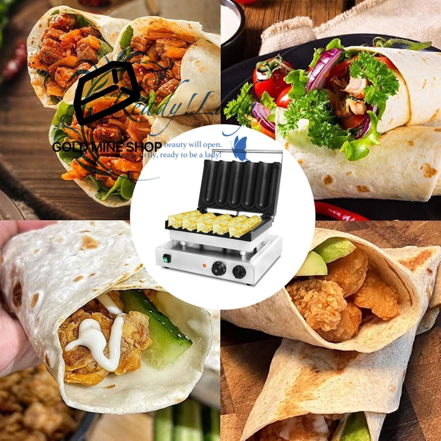 3000 W 業務用チキンロールメーカー 5穴電気ステンレススチールタコスメーカー 防水ノンスティック機能 50 300℃の温度制御と5分