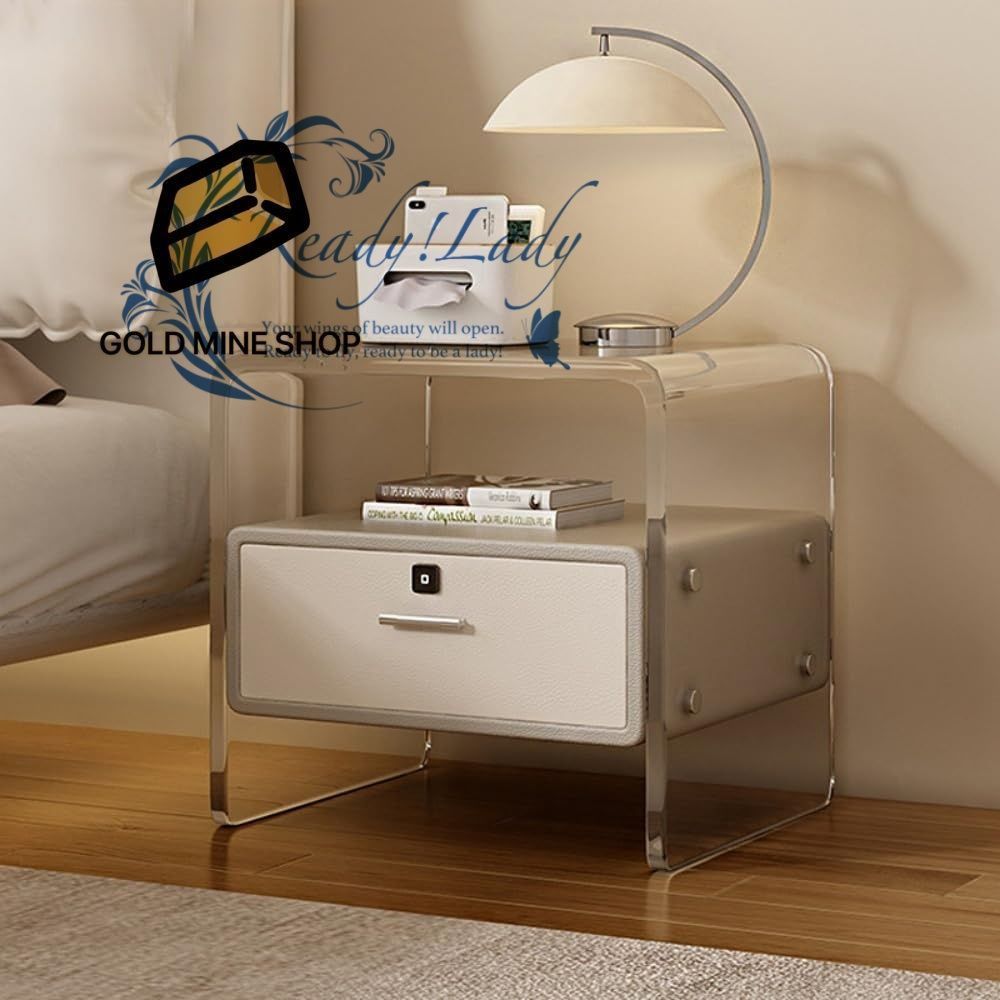 サイドテーブルナイトテーブル エンドテーブルソファ ベッドサイドテーブル 無垢材 2段構造 引き出し付き 天板付き 収納付き ベッドルーム ナイトテーブル指紋ロック付き 幅広い用途 ライトグレー アクリル 全実木 指紋錠