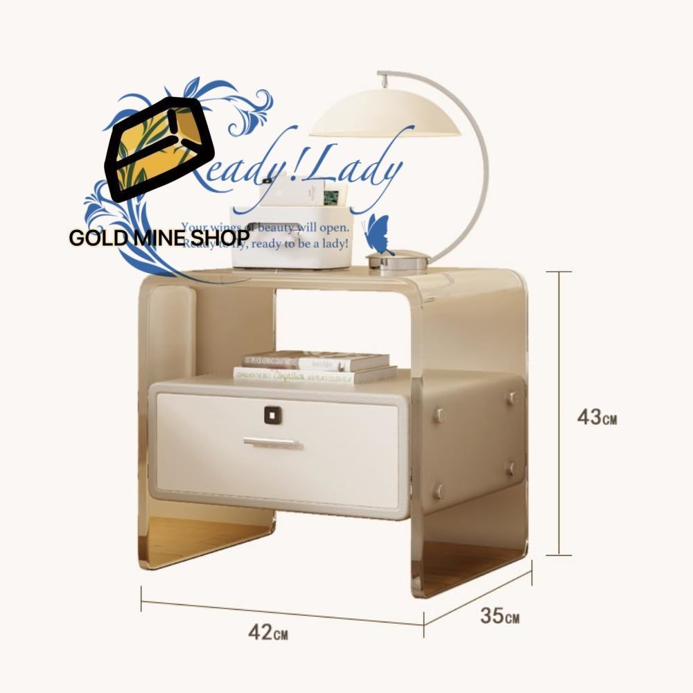 サイドテーブルナイトテーブル エンドテーブルソファ ベッドサイドテーブル 無垢材 2段構造 引き出し付き 天板付き 収納付き ベッドルーム ナイトテーブル指紋ロック付き 幅広い用途 ライトグレー アクリル 全実木 指紋錠