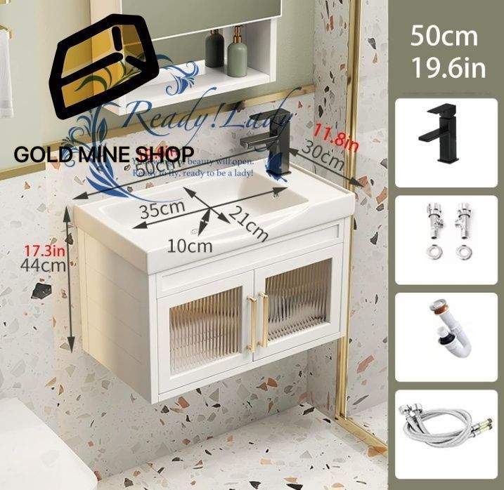 壁掛け式バスルーム洗面化粧台 セラミック長方形シンク 小さなスペース用のフローティング洗面台 フローティング洗面台 バスルーム用洗面化粧台 ガラスキャビネットドア 19.6inchX50cm