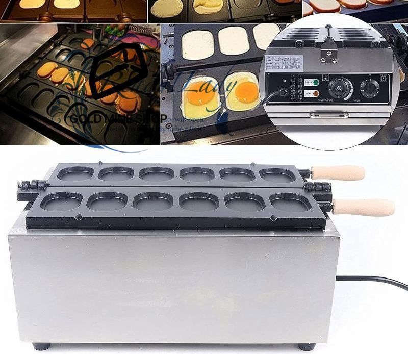 業務用6穴エッグバーガーメーカー 3000Wステンレススチール製電気エッグワッフルパンメーカー 0 300℃の温度制御と5分タイマー付き スナックバー 家族の集まり レストラン用