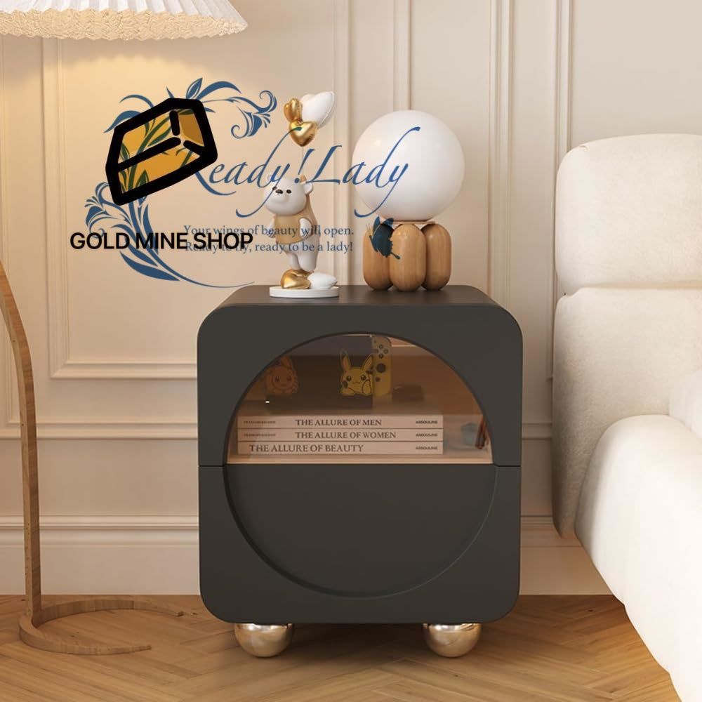 ベッドサイドテーブル 木製 引き出し2つ付きのベッドルームナイトテーブル 寝室用ナイトスタンド強化ガラス製 PUレザーとステンレススチールボールフィート付きのナイトスタンド ブラック 50 40 48CM