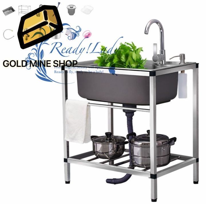 流し台 ステンレス製 ガーデンシンク 簡易式 台所 流し 大容量 キッチン用流し台 屋外 屋内 ガレージ用 手作りシンク 蛇口水栓付き 工具不要 野菜洗面器 一槽式 自立型シンク 簡単取付 Size 550x400x750mm