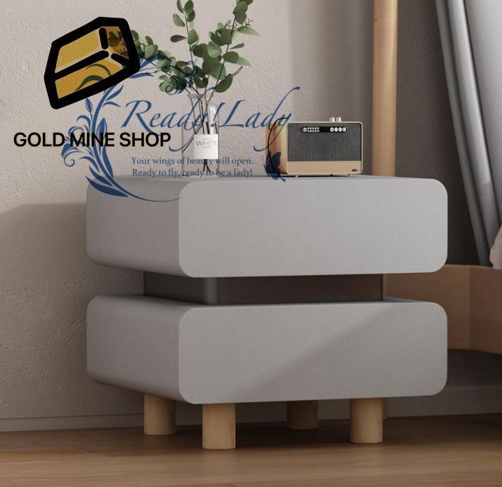 ベッドルーム ナイトテーブル 引き出し2つ付きベッドサイドテーブル おしゃれ レザー仕上げ 無垢材のテーブル脚とフェンス付き モダンなエンドテーブルサイドテーブル収納キャビネット Gray 50 40 47 cm