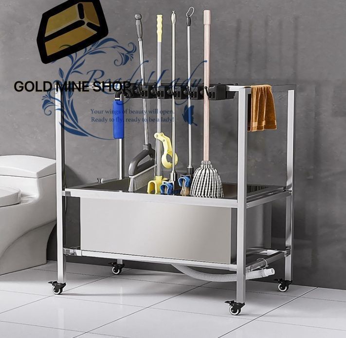 ほうきとモップホルダー 床置き掃除ツールカートストレージ ツールスタンド 傘立て モップ排水ラック 床から濡れたモップを保ちます 移動便利 キャスター付き Size 101cm-10slots 12 hooks