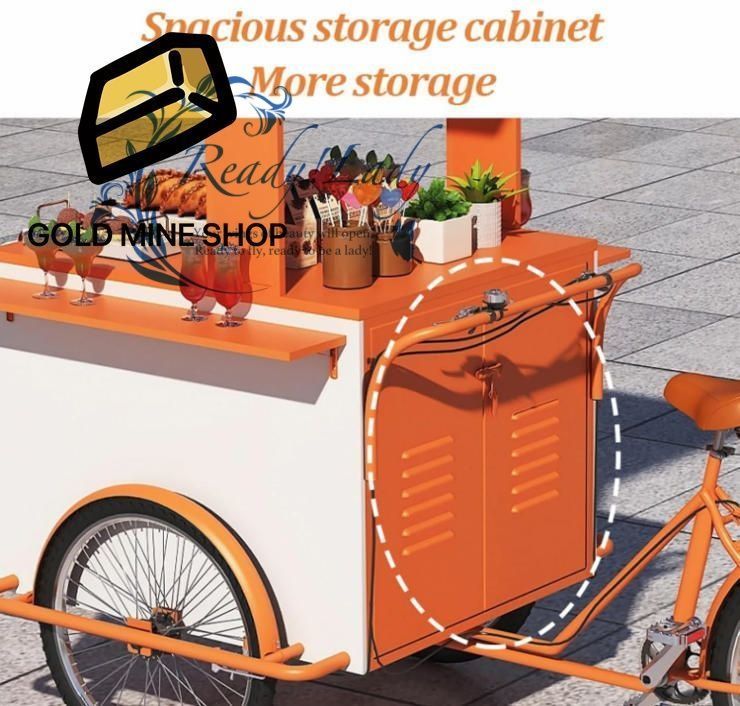 大型フードバイクカート 三輪車フードカート フードベンディングカート 屋台フードベンディング三輪車 鉄製フードドリンクディスプレイ自転車 ポータブルベンダースタンド オレンジ