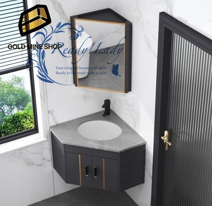 コーナー洗面台 収納コンテナ付きの小型バスルームシンク洗面化粧台 シンクとミラーキャビネット付きコーナー洗面台 小さなコーナーのバスルームのシンク 蛇口と排水口付き