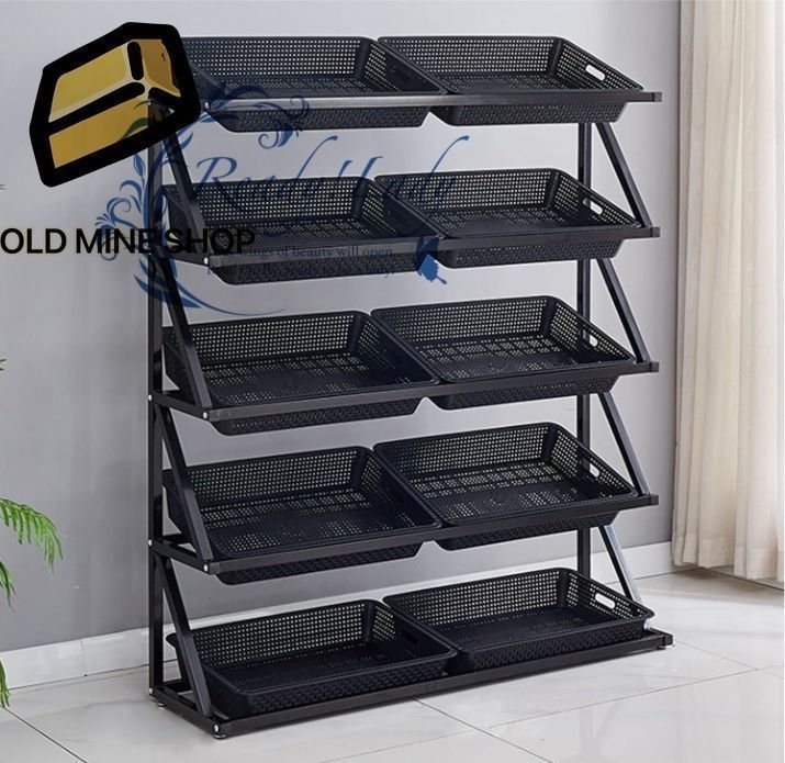 5段キッチン収納ラック フルーツ野菜棚 スチール製 業務用 大容量 スーパーマーケット スナックディスプレイ 市場 ポテト タマネギ 農産物オーガナイザー ブラック