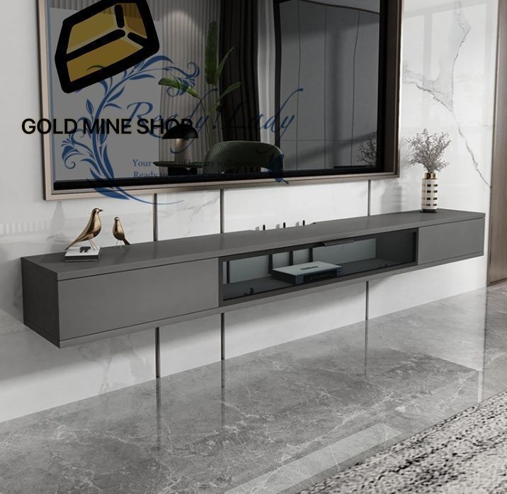 ホワイトフローティングテレビスタンド ロックボードパターン壁マウントWコンソール リビングルームとベッドルーム収納用 狭いウォールキャビネット グレー 160x23x20.4CM|63x9.1x8インチ