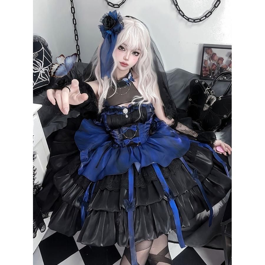 ワンピース ロリータ Lolita ブラック×ブルー ハロウィン プリンセス S-XL おしゃれ コスプレ パーティー プレゼント レディース コスチューム