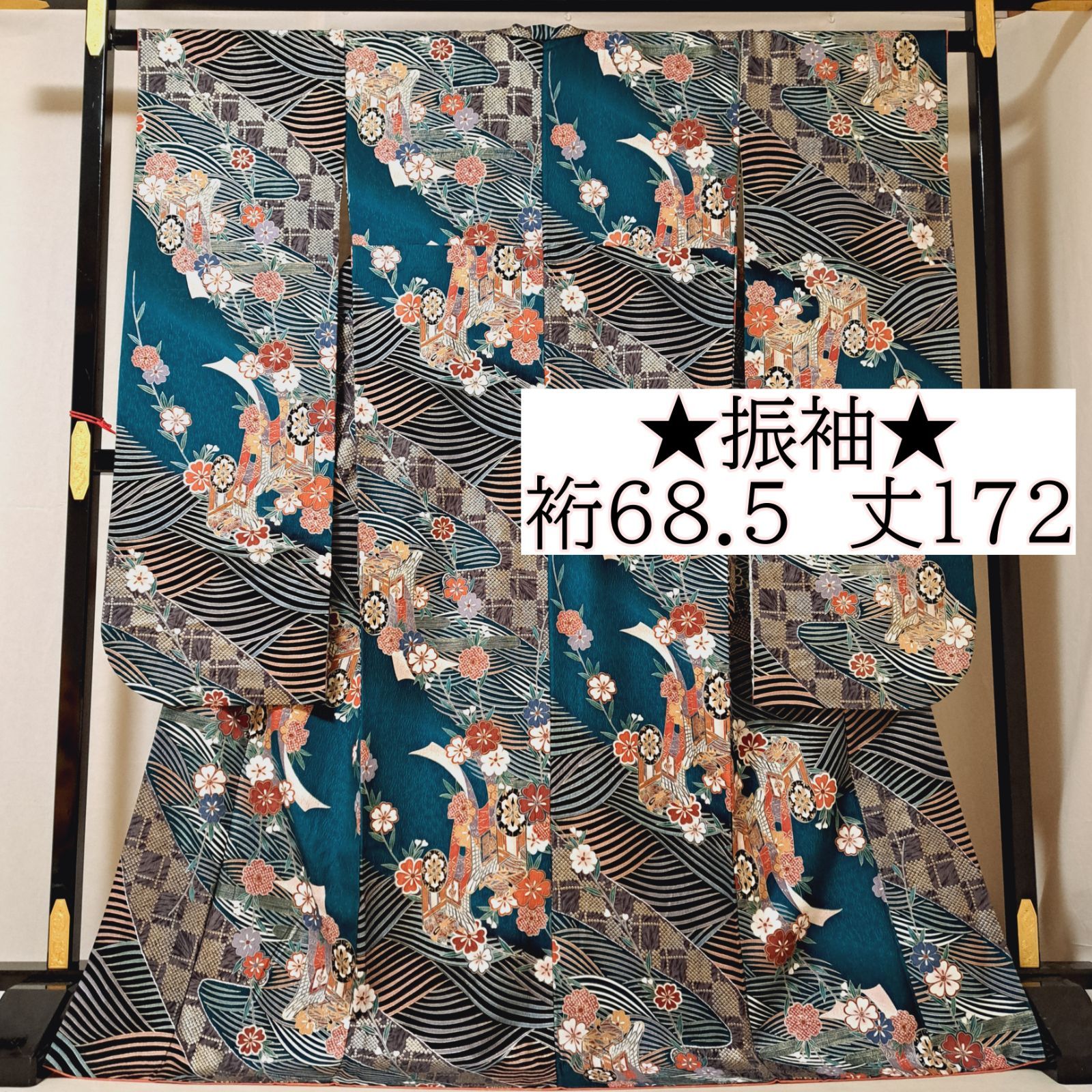 振袖 裄68.5 身丈172 袖112 トールサイズ 正絹 袷 グリーン地に御所車と桜 も04S02 l2504