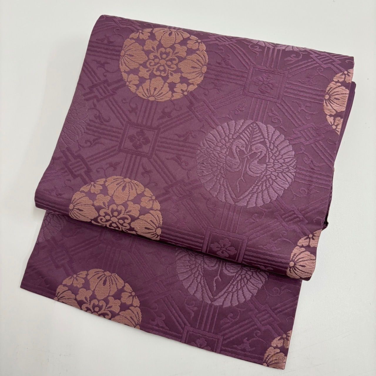 圧巻 名古屋帯 正絹 唐織 丸に向かい鶴 美しい加工 MA-754