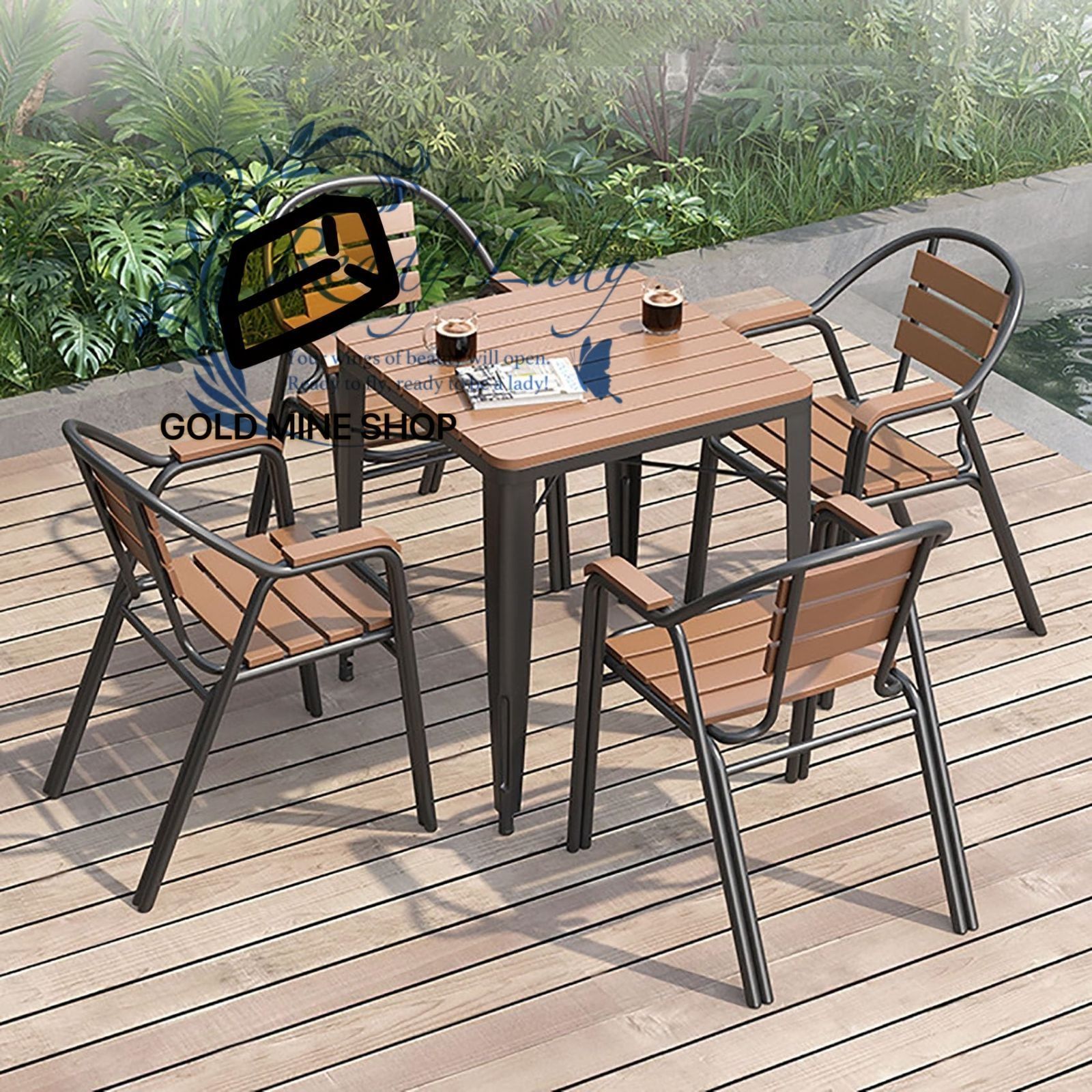 屋外ガーデンテーブルセット ガーデンテーブルセット ガーデンチェア 屋外 ファニチャー ガーデンファニチャー 庭園テーブルセット 2-4人用 耐水 耐熱 耐日光 組立簡単 プラスチック木材素材 75X75X75CM