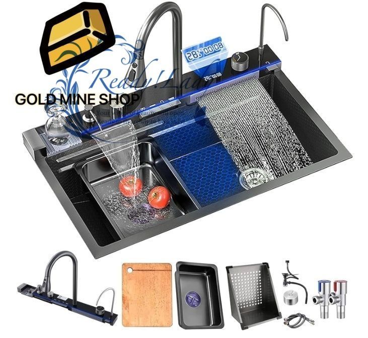 キッチンシンク 大容量 二重滝シンク LED温度と使用時間表示 ハニカム ナノ キッチンシンク 304ステンレスシンク 蛇口付き シンクセット 野菜洗面器 台所 家庭用 業務用 台所用流し台 住宅改善用 75 45 22CM