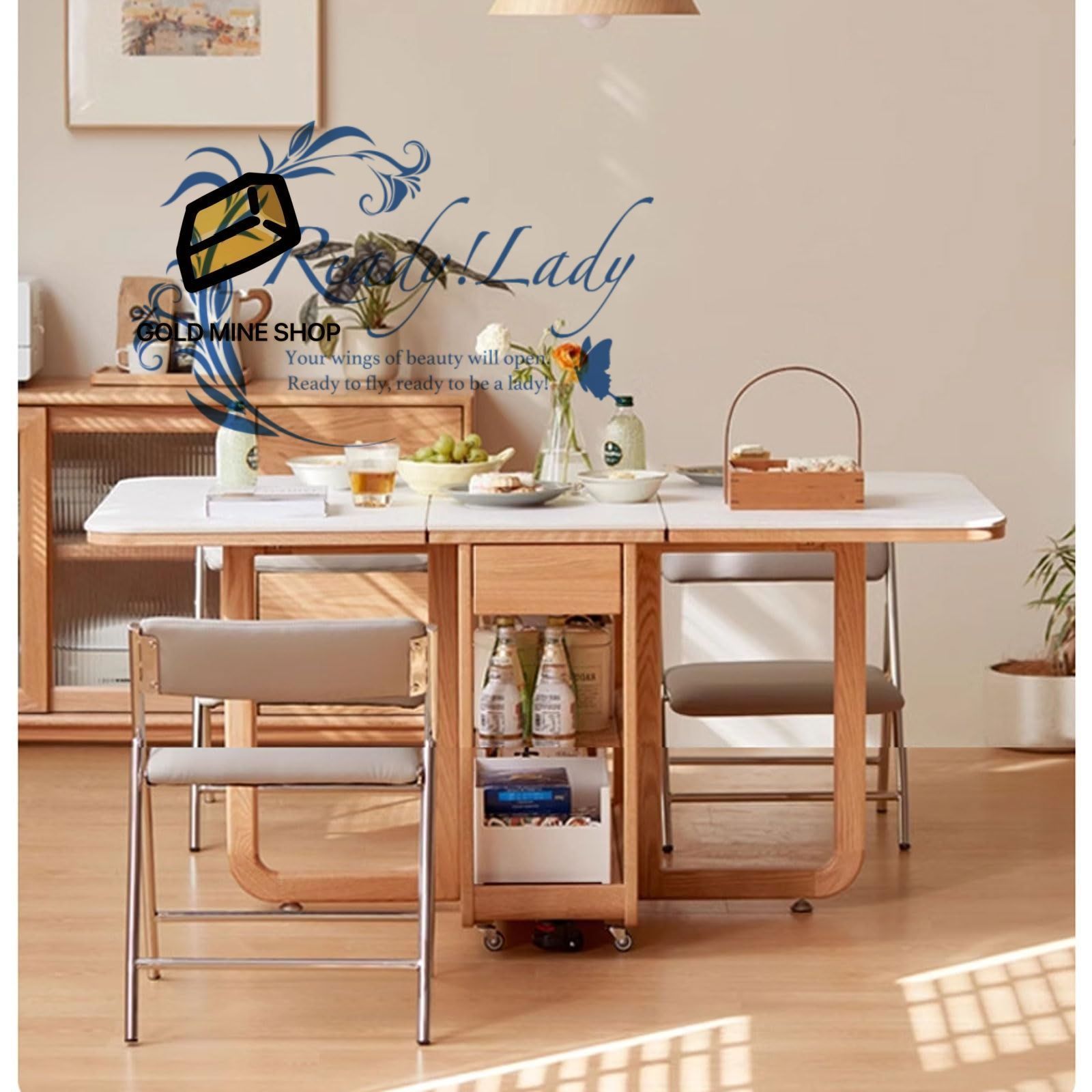 家庭用折りたたみダイニングテーブル 140cm伸長式無垢材ワークベンチ 2段収納ラック&引き出し付き 最大荷重300kg ダイニングルーム