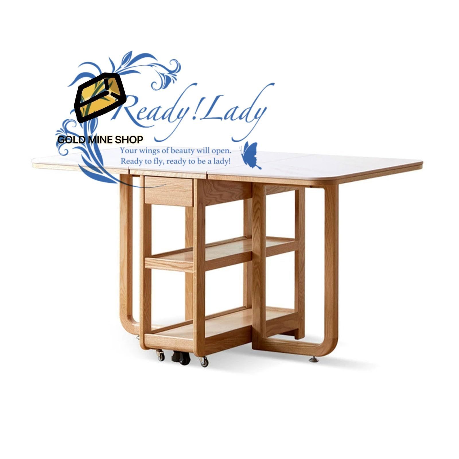 家庭用折りたたみダイニングテーブル 140cm伸長式無垢材ワークベンチ 2段収納ラック＆引き出し付き 最大荷重300kg ダイニングルーム