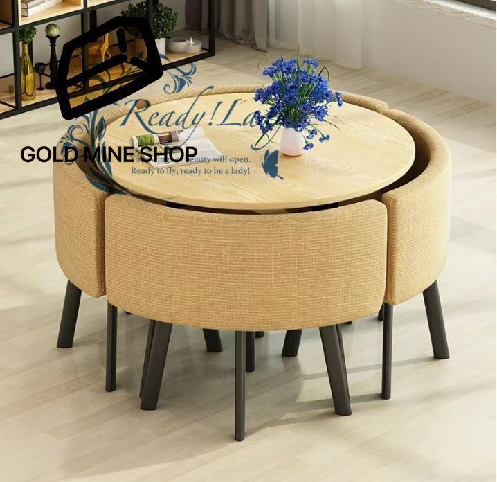 ダイニングセット カフェーテーブル 4人用 円形 食卓セット ダイニングテーブル 椅子 5点セット 4人掛け テーブル1点 チェア4脚 省スペース 丸型 会議テーブル オフィス リビング ベランダ 待合室 ホテル適用 綿麻 80 cm