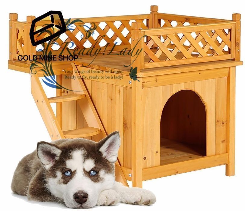 木製屋外犬小屋 耐荷重25ポンド 屋外犬小屋キャビンスタイル アスファルト屋根付き木製隆起ペット小屋 フロントドア サイドウィンドウ 中型 大型犬用ポーチ