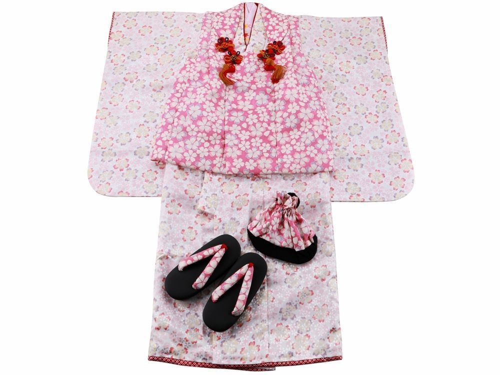 七五三 3歳女の子 総柄 着物 7点セット 被布コートセット 白着物 桃 fk-135