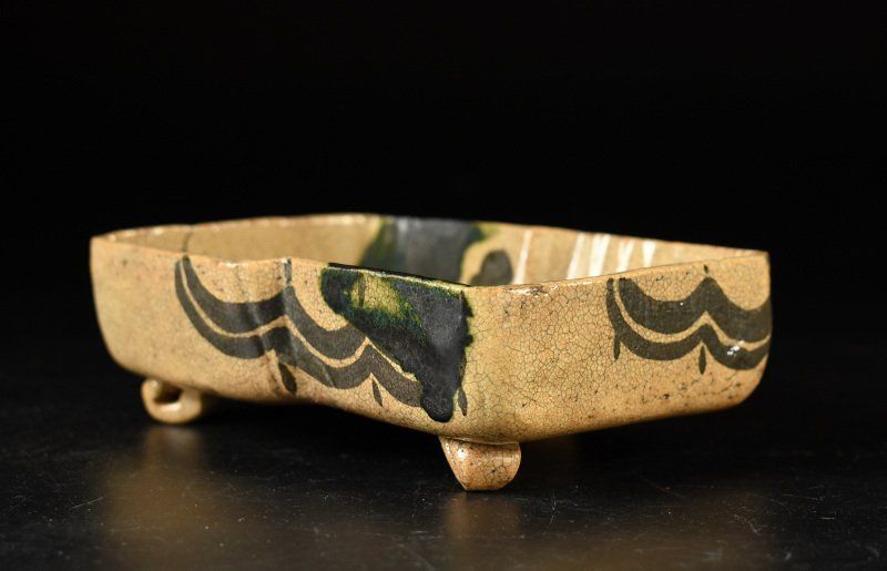 蔵A2806 織部 瓢箪図足付向付 菓子鉢 小鉢