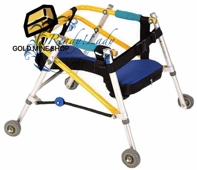 歩行車 4輪脳性麻痺歩行器 子供 四肢障害手すり 松葉杖 子供立ちフレーム 調節 な折りたたみ式車輪付き歩行器 イエローL