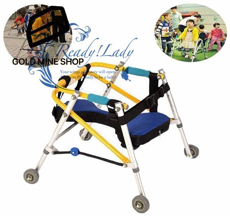 歩行車 4輪脳性麻痺歩行器 子供 四肢障害手すり 松葉杖 子供立ちフレーム 調節 な折りたたみ式車輪付き歩行器 イエローL