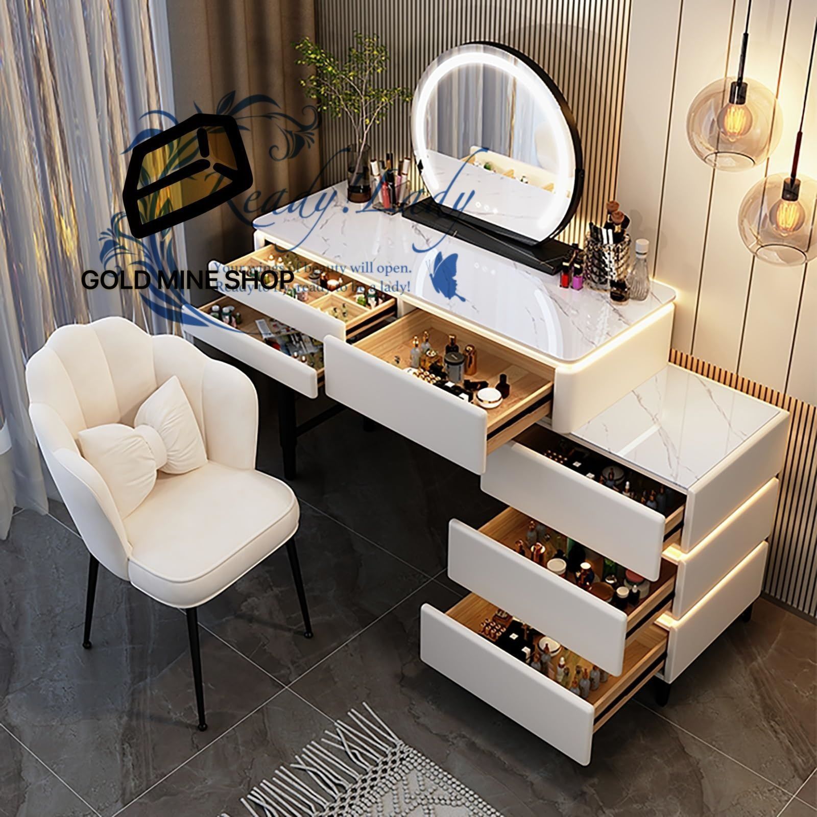 サイドキャビネット付き化粧台 ライトミラー付き化粧台セット 引き出し付き化粧台 明るさ調整 な3つの照明モード お姫系 鏡台 化粧台収納 100cm